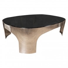 Oval polished stainless steel black glass coffee table
